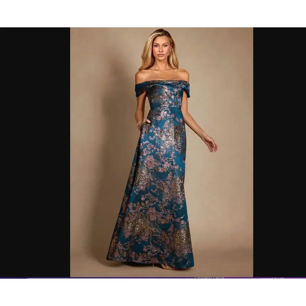 NWT Azazie Marceline Teal Floral A-Line Dress Formal Bridesmaid Black Tie Gown - Picture 4 of 8